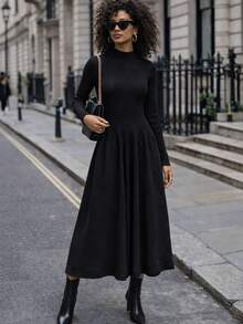 Elegant Italian Midi Modal Party Dress With Pleats - Black - View 1