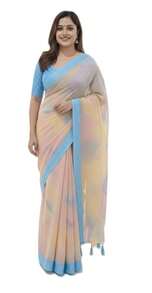 Georgette Shaded Saree With Border And Tassels, Readymade Blouse, Long Sleeve, Size 40 - Baby Blue - View 5
