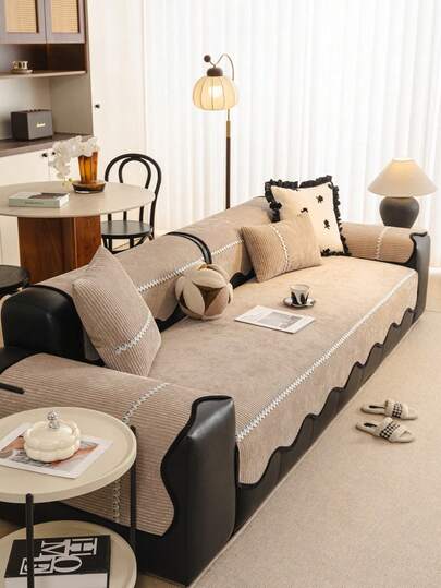 1pc Polyester Chenille Solid Color Lace Sofa Cover Blanket, Pet-Friendly, Anti-Scratch, Non-Slip Sofa Protector, Machine Washable, For Bedroom, Office And Home Decor, All Season