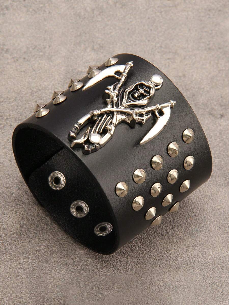 1件男女通用朋克摇滚皮革手链，个性化双刀帽骷髅铆钉合金手链，音乐节摇滚派对礼物 - 鉚釘 - 查看 1
