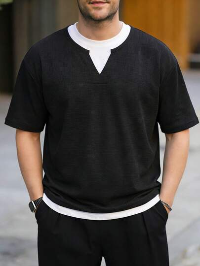 Men's Waffle Check False Two Pieces Patchwork T-Shirt, With A Unique Color-Matching Design, Simple And Loose, Summer Short-Sleeved Top.