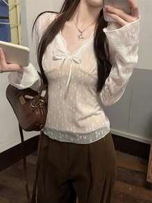 Women's Lace V-Neck Bow Long Sleeve T-Shirt, Sweet And Sexy Style, Spring/Summer - Apricot - View 7