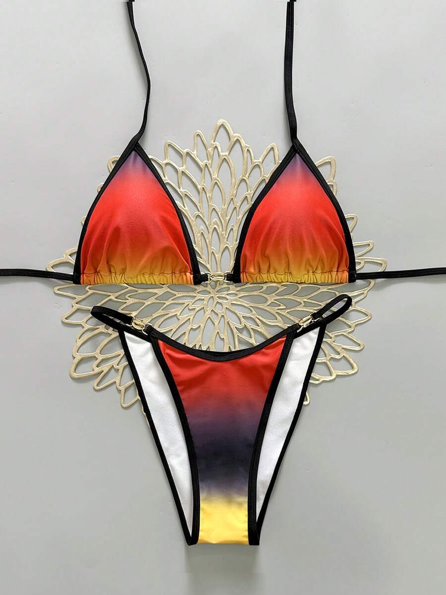 2 piezas Traje de baño elegante y sexy con bloqueo de color degradado y espalda descubierta con cordones, adecuado para vacaciones en la playa en verano - Colores degradados - Ver 1
