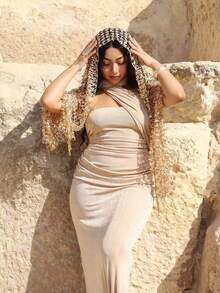 1pc Women's Sequined Embroidered Scarf, Breathable And Shiny, Can Be Used As A Headband, Headscarf, Shawl, Sunscreen Clothing Or Paired With A Hat, Suitable For Various Occasions And All Four Seasons. - Gold - View 4