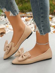 大码舒适软底尖头蝴蝶结女士平底套脚鞋，杏色芭蕾舞鞋，优雅女士鞋，适合春夏日常、通勤、办公、休闲等场合，百搭舒适，软底设计，母亲节礼物 - 杏色 - 查看 5