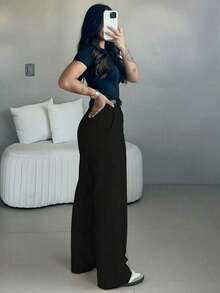 Women's High Waist Wide Leg Pants |   Spring Women's Clothing |   Casual Elegant Office Pants |   Spring Casual Wear |   Solid Color Loose Straight Bottoms |   Spring Apparel |   Women's Casual Wear |   Soft Comfortable Casual Pants |   Women's Casual Wear Matching |   Minimalist Fashionable Workwear |   Casual Suit |   New Year Preparation Spring/Autumn Essential, No Belt Included - 黑色 - 查看 6