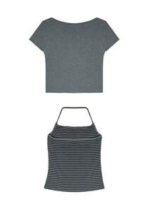 女士纽扣半开襟休闲短袖T恤配条纹吊带背心套装 - 灰色 - 查看 2
