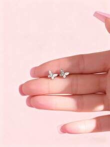 Artepollo 1 Đôi bông tai trẻ em hình bướm bằng bạc sterling 925 không gây dị ứng, chốt cài xoắn ốc không bị rơi, tinh tế và dễ thương, đóng gói trong hộp quà, quà tặng cho trẻ em - Bạc - Xem 4