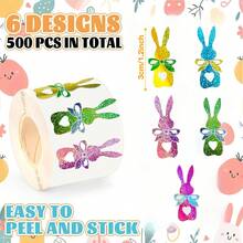 500张激光复活节兔子贴纸卷，5种颜色，春季闪亮兔子自粘封口贴纸，蝴蝶结兔子贴纸，美观贴花，适用于春季信封日记装饰、生日节日派对用品 - 彩色 - 查看 7