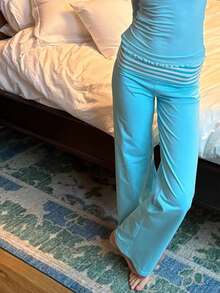 Lounge Yoga Pants For Women Fold Over Low Waist Wide Leg Sweatpants Flare Leggings Bell Bottoms Y2K Foldover Pants - 藍色 - 查看 3