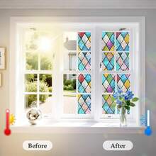 3D Window Film, No Glue Privacy Glass Sticker, Static Cling Heat Insulation UV Protection, Rhombus Pattern (Width) 30cm * (Length) 100cm - Multicolor - View 1