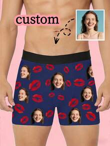 1pc Customized Men's Comfortable Black Boxer Briefs, Can Customize With Fun Photo Prints, Great Gift For Boyfriend On Valentine's Day, Halloween, Anniversary - Navy Blue - View 2