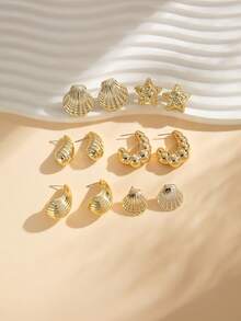 2026新款金属水滴贝壳耳环，蝴蝶心形耳环套装 - 金色 - 查看 2