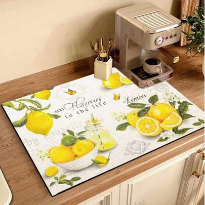 1pc Lemon Print Sink Drain Mat, Super Absorbent, Countertop & Tabletop Decor, Spring/Summer Floral & Lemon Drying Mat, Washable & Foldable, Quick Dry, Anti-Mold