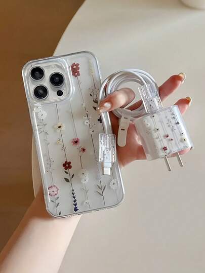 Bộ ốp lưng điện thoại 3 trong 1 họa tiết hoa khô, kèm hộp sạc và bảo vệ cáp, ốp lưng TPU mềm mại họa tiết hoa đẹp mắt cho iPhone