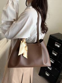 2026 Spring New Arrival High-End Fashion Pleated Large Capacity Tote Bag With Scarf, Luxury Versatile Shoulder Handbag - Coffee Brown - View 7