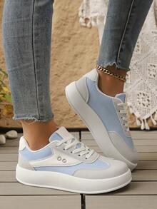 女士金属网面厚底运动鞋，春秋季新款休闲平底防滑白色学生鞋 - 藍色 - 查看 2