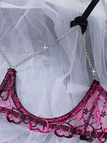 Conjunto de ropa interior con bordado en forma de corazón negro y rojo, sujetador de malla bordada semi transparente y sexy - Negro - Ver 4