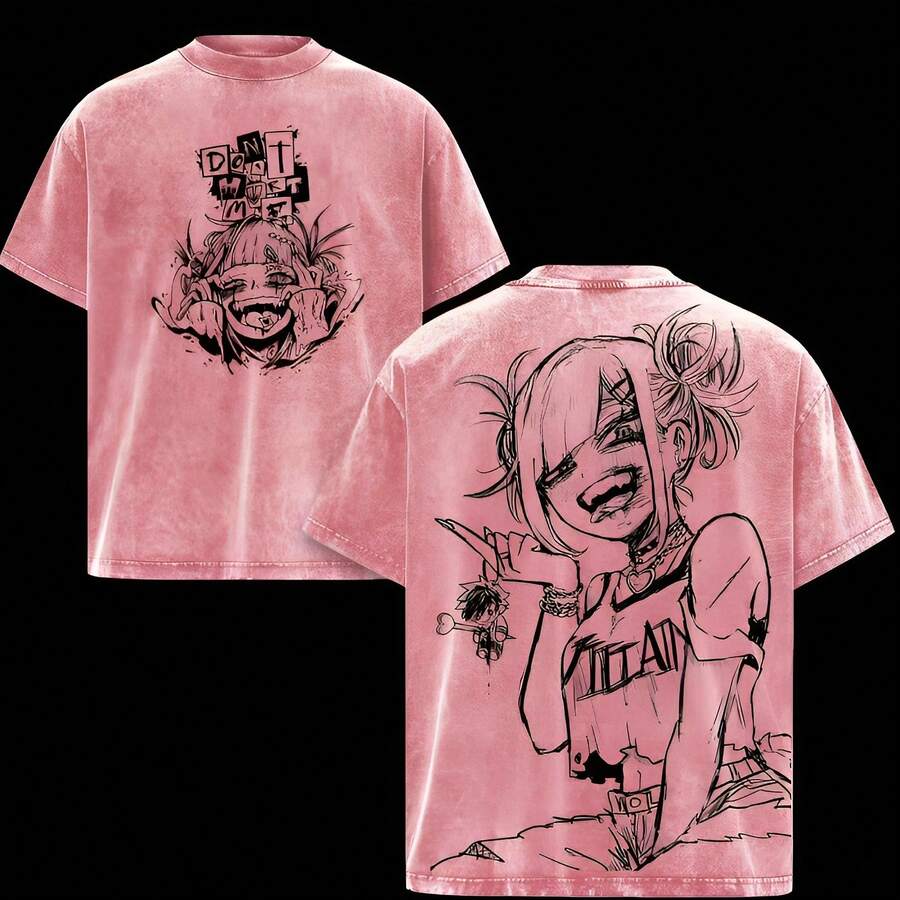 Men's Washed T-Shirts, Anime And Comic Book T-Shirts, Street Style Fashion, Otaku T-Shirts - Hot Pink - View 1