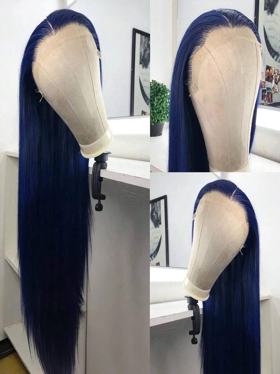 Dark Blue Long Silky Straight Wig 13x4 Synthetic Lace Front Wigs For Women Natural Hairline Cosplay Wigs Daily Wear