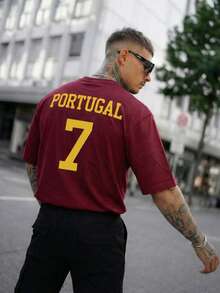 Men's Portugal Letter Slogan #7 Double-Sided Print T-Shirt, Casual Street Style Football Fan Jersey, Wine Red - Red - View 2