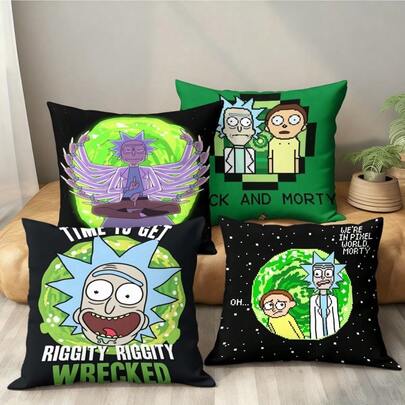 1/4pcs Rick And Morty Themed Pillow Case, Retro Sci-Fi Cartoon Design Cushion Cover, Washable Durable Pillow Sham For Sofa, Bed, Office, Car, Home Decor, Single-Sided Printing