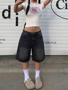 女士宽松时尚直筒百慕大短裤休闲黑色夏季款 - 黑色 - 查看 4