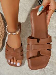 Women's Fashion Slippers, Flat Versatile Minimalist Lightweight Outdoor Comfortable Soft Strap Slides Sandals - Brown - View 9