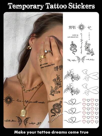 男女皆宜的身体彩绘临时纹身贴纸，图案包括简约花卉、蝴蝶、蛇、音符和手绘爱心。防水材质，可持续2-5天，可用于手部、手臂、颈部、肩部、腰部和腿部。是节日、派对、送礼、度假和音乐节的理想之选。