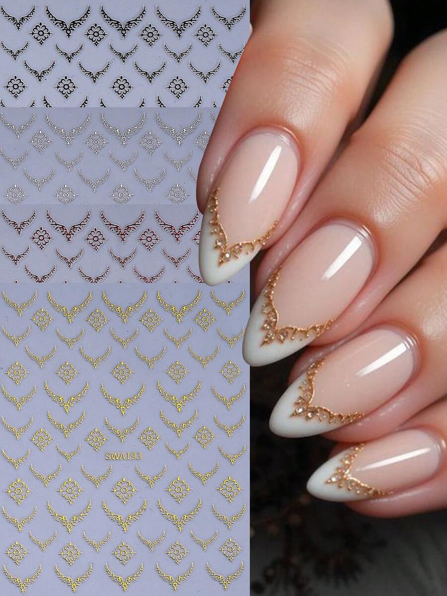 4片装金属法式线条美甲贴纸，奢华法式贴花，自粘式DIY图腾滑块，美甲装饰，婚礼日常美甲用品 - 彩色 - 查看 1