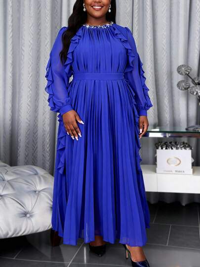 Plus Size Women's Elegant Blue Chiffon A-Line Maxi Dress With Ruffle Trim Long Sleeves, Pearl Decor, Suitable For Wedding Guest, Birthday Party