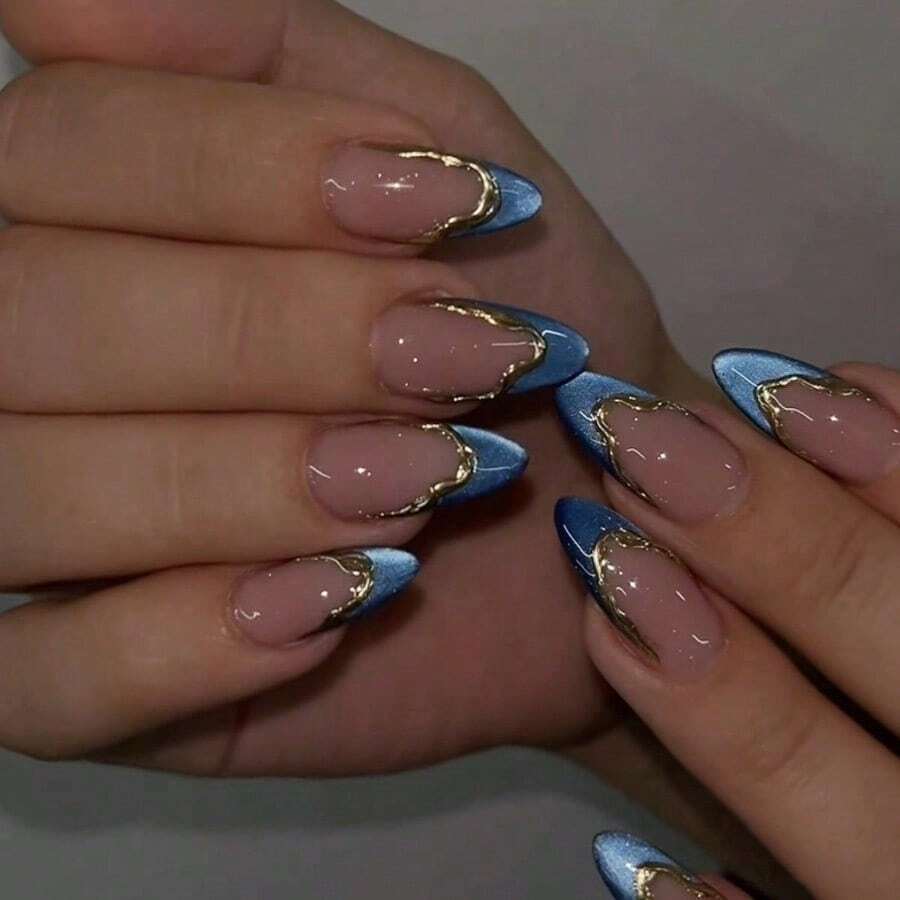 24Pcs Wear Nail Almond Irregular Blue Cat's Eye French Edge 3D Three-Dimensional Gilt Removable Fake Nail Patch - Màu xanh lam - Xem 1