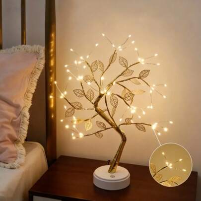 Luces de alambre de cobre LED con lámina de oro, lámpara de ambiente minimalista y moderna, lámpara decorativa de ambiente para mesita de noche, alimentada por batería o USB, luz blanca cálida, decoración de árbol mini de moda DIY, adecuada para decoración de habitación, Navidad, Halloween, regalos del Día de San Valentín