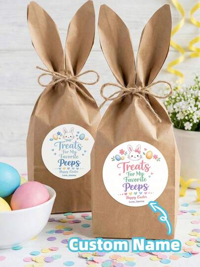 1-100pcs Custom Easter Stickers, Personalized Text Labels, Custom Snack Packaging Stickers, Easter Bunny Pattern Stickers, Waterproof Stickers, Perfect For Backpacks, School Supplies, Easter Parties, Classrooms, Food Wrapping, Gift Packaging, Cute, Colorful Text, Round, Stylish, Ideal Gift For Son, Daughter, Classmates, Friends, Family, Great For Easter, Parties