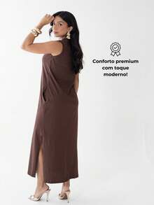 Women's Basic Casual Elegant Long Dress With Side Slit And Pockets, Cotton - 鏽棕色 - 查看 8