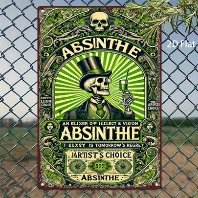 1 pieza Placa de metal de hierro vintage de Absenta - Arte retro de calavera con sombrero de copa y copa de champán, decoración de pared de hierro verde y negro, adecuado para bar, cafetería, casa de playa, patio trasero | Cartel de arte plano 2D, decoración de cafetería | Arte de artesanía de metal, decoración de pared de metal, arte plano 2D
