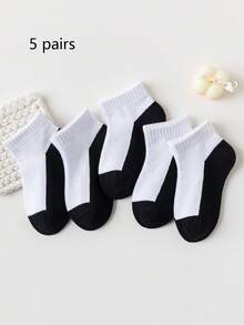 5 pares de calcetines cortos de malla de unicolor para niños, calcetines escolares para niños y niñas, calcetines para niños de color contrastante - Negro - Ver 10