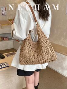 1 pezzo Borsa a spalla casual e minimalista di colore unito, grande capacità, stile versatile per le vacanze per le donne - Cachi - Visualizzare 5