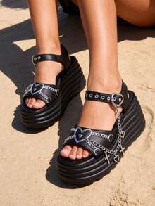 Y2K Style New Spring/Summer Slope Heel Thick Bottom Women's Fashion Sandals Slippers Comfortable Casual Shoes Women's Gothic Style Cross Chain Detail Platform Sandals - 黑色 - 查看 6