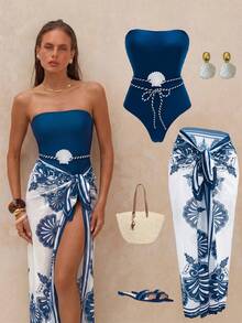 Allurini Bộ đồ bơi liền thân phong cách Boho thanh lịch dành cho nữ với dây đeo mảnh, chi tiết thắt lưng hình vỏ sò và chân váy xẻ tà co giãn cao, hơi xuyên thấu, thích hợp cho kỳ nghỉ. - Màu xanh hải quân - Xem 6