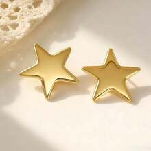 1 Par de Brincos Assimétricos Criativos Geométricos Banhados a Ouro com Pentagrama, Brincos Delicados em Tom de Ouro 18K Adequados para Uso Diário, Casamentos, Festas, Reuniões na Praia (Conjunto com 2 peças) - Dourado - Visão 2