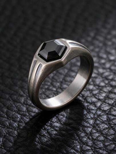 1 pieza Anillo negro geométrico hexagonal de acero inoxidable vintage, accesorio de estilo gótico para hombres
