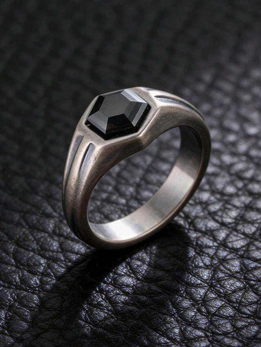 1 pieza Anillo negro geométrico hexagonal de acero inoxidable vintage, accesorio de estilo gótico para hombres - Negro de pistola - Ver 1