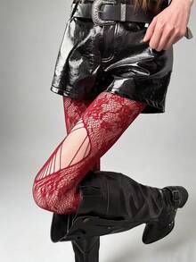 1双Y2K朋克哥特风渔网袜，不对称做旧设计，酒红色/黑色，朋克风性感过膝蕾丝袜 - 彩色 - 查看 4