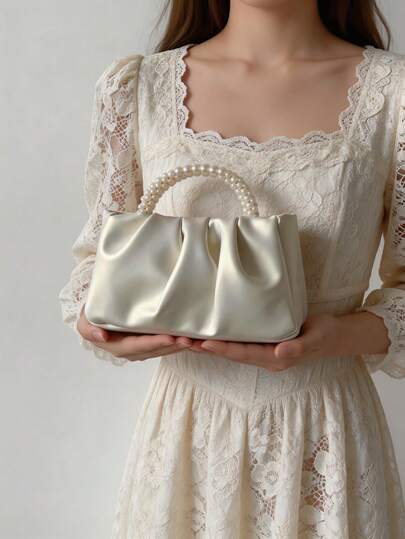 SHEIN BAE 新款时尚珍珠手提包，迷你方形单肩包，珍珠包，适合婚礼、派对、送给女孩、青少年的礼物，商务、通勤、度假、旅行、夏季和冬季皆宜，复古撞色帆布和PU迷你托特包，沙滩必备