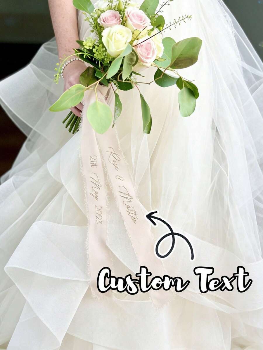 Personalized Wedding Floral Garland With Satin Ribbon - Customized Name And Date Floral Wall Hanging Suitable For Bridal Shower, Birthday, Graduation Ceremony - Durable Polyester Fiber Event Decor, Elegant Design, Wedding Guest Gift, Celebration Accessory, Sophisticated Style, High-Quality Handmade - Multicolor - View 1