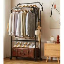 Perchero doble, colgador multiusos resistente con ruedas y ganchos laterales, fácil de montar, apto para uso doméstico, en oficinas y dormitorios. - A - Ver 5