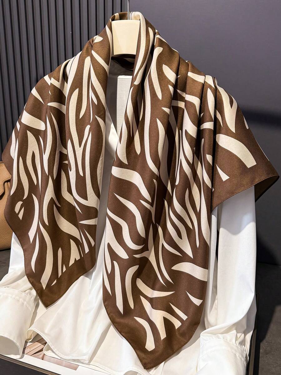 1pc Women's Elegant Retro Printed Lightweight Satin-Like Square Scarf, Bohemian Style Casual Neck Scarf, Shawl, Thin & Comfortable Ladies Headscarf, Suitable For Spring/Summer Daily Wear And Outings,Beach,Holiday - Coffee FN240-7 - View 1