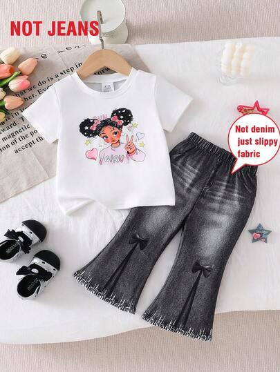 2pcs/Set Baby Girls' Casual Fashion Spring/Autumn Outfit, Cartoon Girl Portrait & Letter Print, Plaid, Striped Puff Sleeve Knit Top, Denim-Effect Elastic Waist Flare Pants With Bow Decor, Comfortable Soft Outdoor Casual Children Clothing