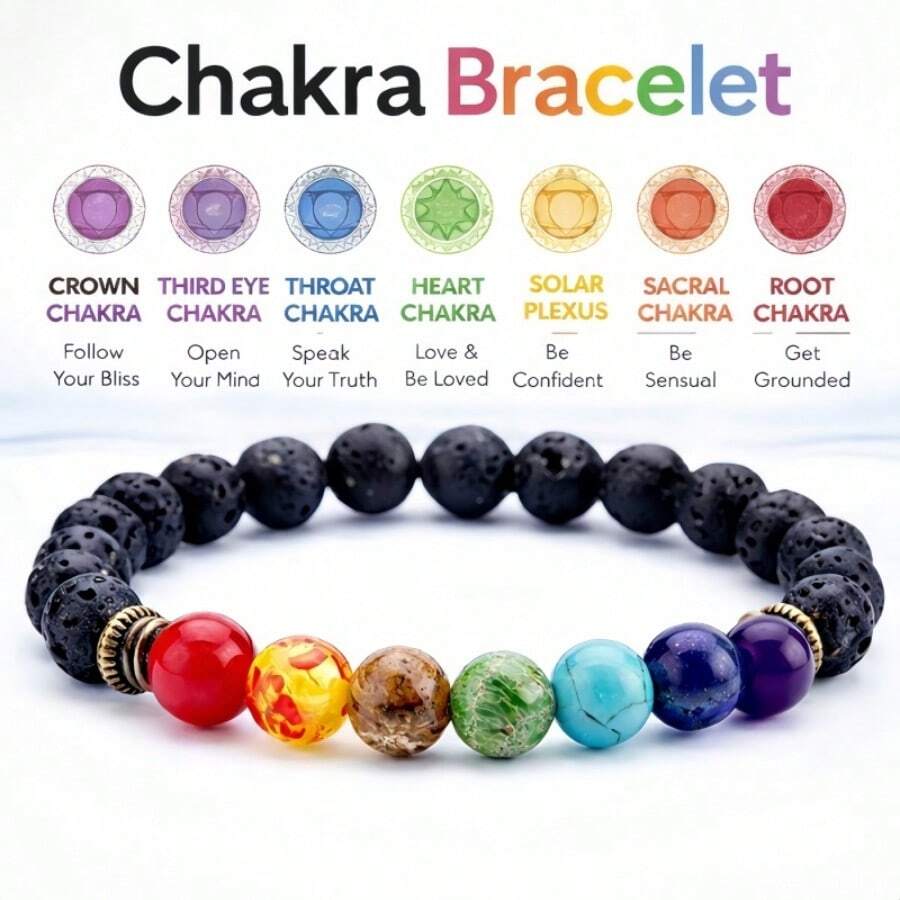 7脉轮疗愈天然圆形宝石瑜伽能量珠手链饰品 - 多色 - 查看 1